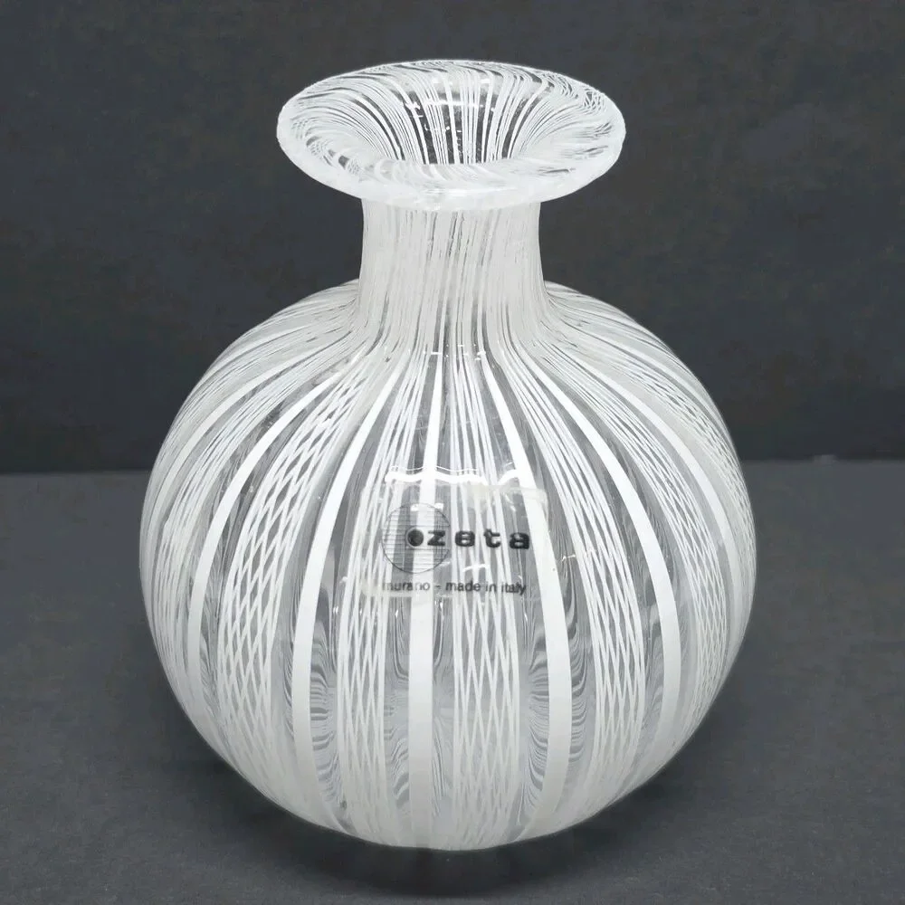 Murano Cozeta Zanfirico Latticino White Mini Vase Hand blown Venetian Glass